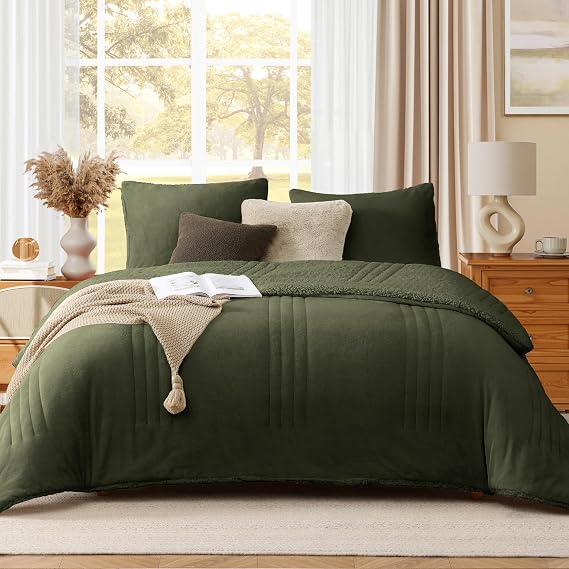 Monbix Full Comforter Set Sherpa Plush Fuzzy Olive Green Bedding 3 Pieces