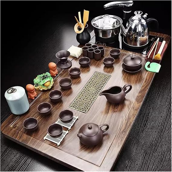 Kung Fu Tea Set,Tea Serving Tray Kung Fu Tea Set with Wood Automatic Kung Fu Tea Set,Chinese Kung Fu Tea Set Tea Room Board Table Ceremony Tools(Style-2)