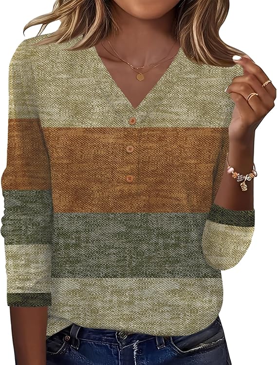 Ivicoer Womens Long Sleeve Tops Henley Shirts for Women Fall Fashion 2025 V Neck Loose Fit Tunic Tops Caramel Gray Stripe M