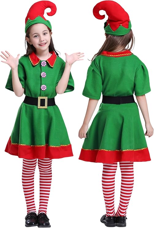 Christmas Elf Costume for Girls Boys,Christmas Velvet Dress Festive Outfit for Girls Boys