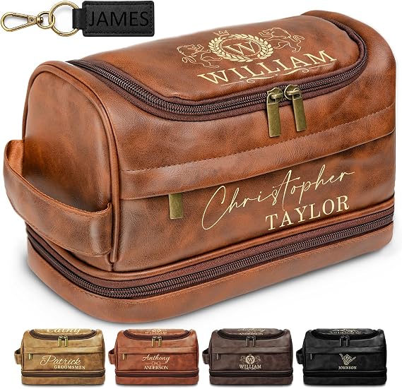 Personalized Toiletry Bag for Men Shaving Kit Gift for Men Custom Engraved Leather Travel Kit Gifts for Him Mens Travel Gift Double Sided customization Groomsmen Dad Husband Boyfriend-Brown