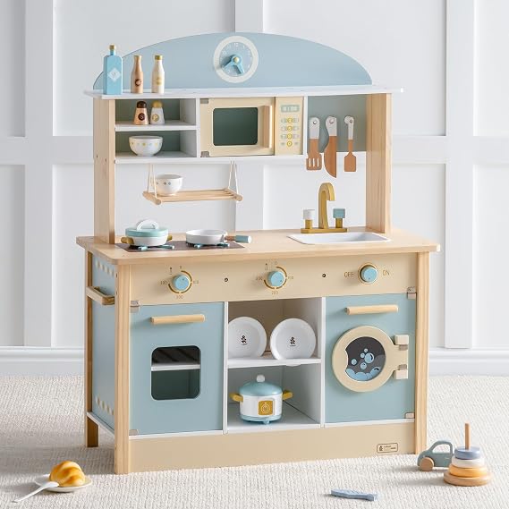 Robud Wooden Pretend Play Kitchen Kitchen Play Set with Cookware and