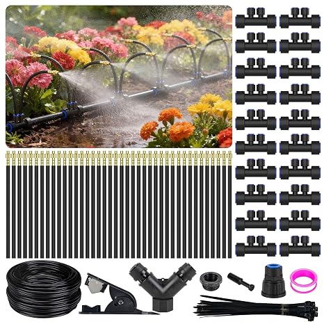 Drip Irrigation System 2 Ports - 360° Adjustable Garden Watering System 20m with 40 Nozzles, Drip Irrigation Kit for Garden, Yard, Lawn, Greenhouse, Plants, 12mm Hose