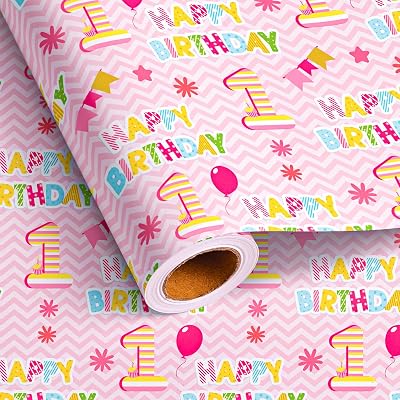 Altarho 1st Birthday Wrapping Paper Roll - Pink Happy Birthday with Balloon Gift Wrap Sheets for Kids Girls Baby Shower Party Decoration Celebration Total 28.5sq.ft