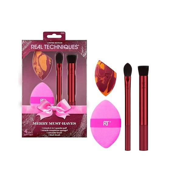 Real Techniques Merry Must-Haves Holiday Gift Set, 4-Piece Brush Set
