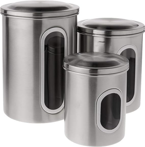Fox Run Stainless Steel Canister Set For Kitchen Counter, 3-Piece Set for Sugar, Flour, Coffee and More