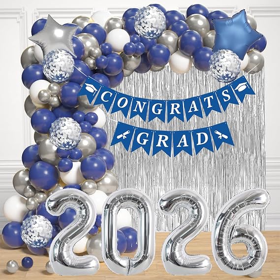 Blue Graduation Decorations-Navy 2025 Graduat-ion Balloon Arch Kit Graduation Decorations Class Of 2025 With Blue Silver Balloons, Banner, 2025 Balloon,Fringe Backdrop