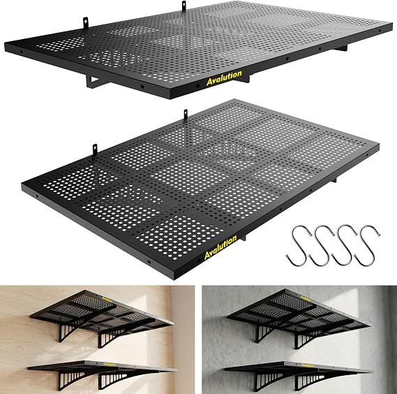 Avalution Garage Wall Shelving,2x3ft Garage Shelving Wall Mounted 2 Pack,Heavy Duty Wall Organizer Storage Shelf with Hooks,500lbs Capacity Floating Shelves for Laundry, Basement,Warehouse,Black