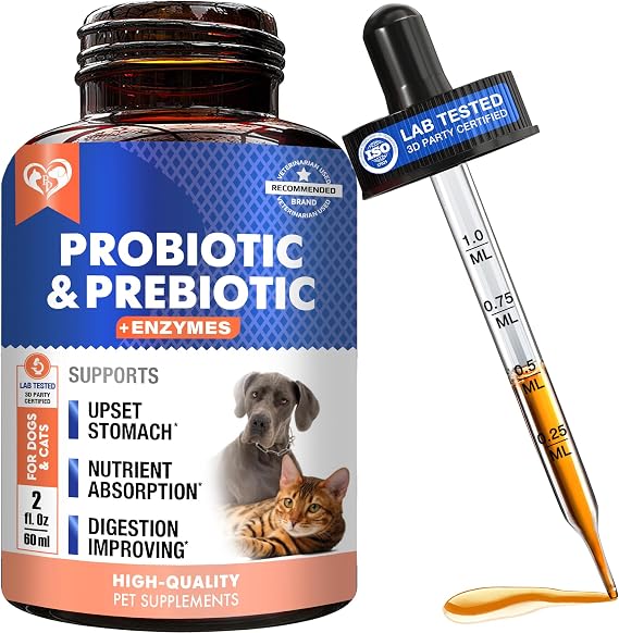 Probiotics & Prebiotics with Enzymes for Dogs and Cats - Digestive Gut Flora Health Pet Food Supplements - Constipation & Diarrhea and Gas Home Remedy - Upset Stomach Relief