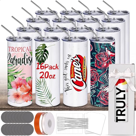 Sublimation Tumblers bulk 20 OZ Skinny Stainless Steel Double Wall Insulated Straight Sublimation Cups 16 Pack Blanks White Tumbler with Lid,Straw,Heat Resistant Tape&Shrink Sleeves,Individually Boxed