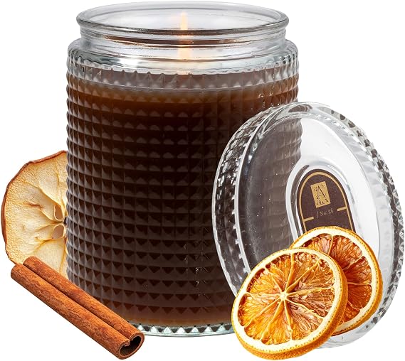 Aromatique Cinnamon Cider Textured Glass Candle with Lid Fall Scented Candle with Apple, Cinnamon & Citrus Hand Poured, Long Burn Cruelty-Free, USA Made 15 oz
