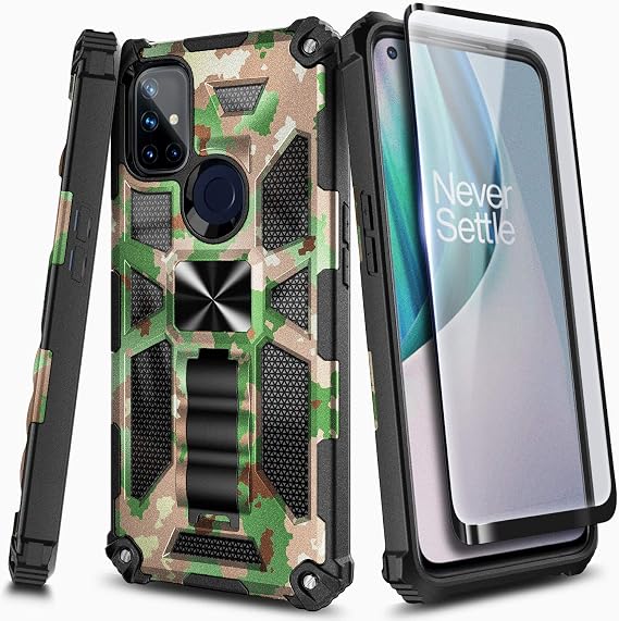 NZND Case for OnePlus Nord N10 5G with Tempered Glass Screen Protector (Maximum Coverage), Full-Body Protective Shockproof [Military-Grade], Built-in Kickstand, Heavy-Duty Case (Camo)