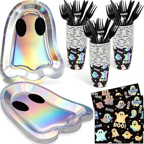 120 Pcs Halloween Ghost Paper Plates Boo Napkins Tableware Set, Serves 24