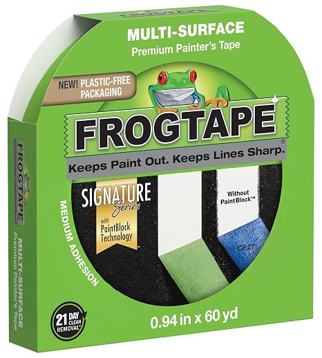 FrogTape Multi-Surface Painter's Tape with PAINTBLOCK, 1 in Wide (0.94 in x 60 yd), Quick Stick Medium Adhesion, Premium Green Painters Tape Removes Clean, 1 Roll