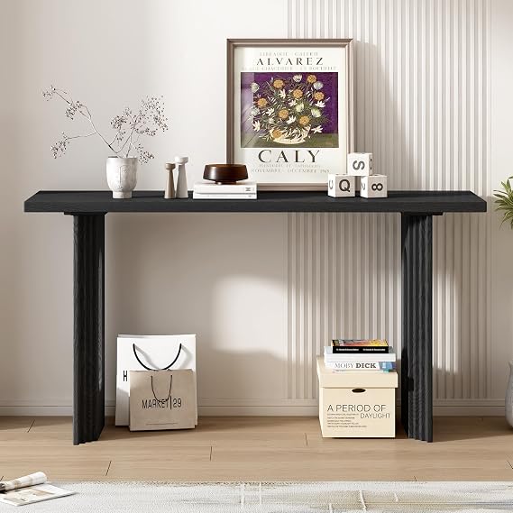 Contemporary Console Table with Fraxinus Mandschuric Solid Wood Veneer Top Extra Long Entryway Table with Distinctive Round Hollow Legs for Entryway Hallway Living Room Foyer Corridor (Black-@06)