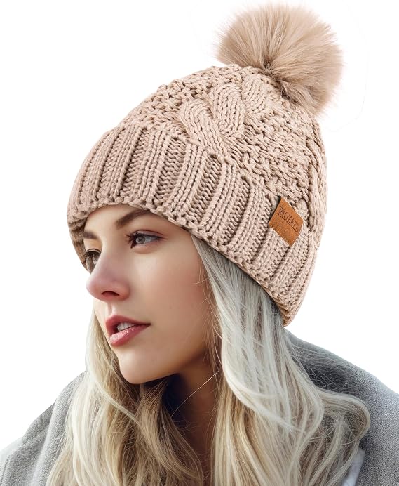 Women's Winter Pompom Beanie Warm and Cozy Knit Hat Fleece Lining Skull Cap for Women