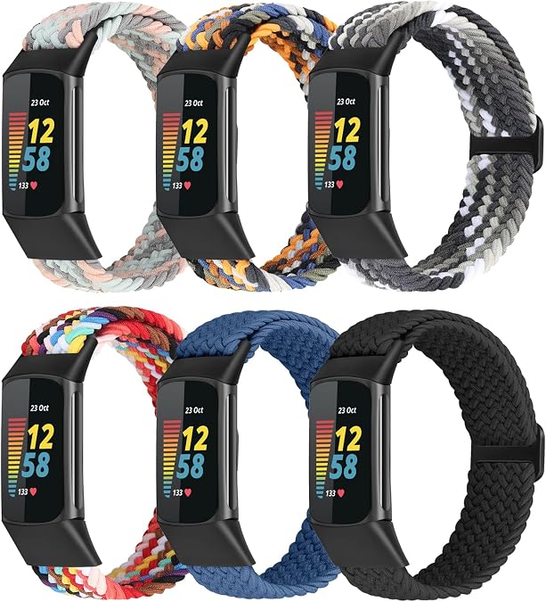 Braided Stretchy Solo Loop Bands Compatible With Fitbit Charge 5/Fitbit Charge 6 for Women Men Nylon Elastic Straps Wristbands for Fitbit Charge 5/ Charge 6(6 Pack)