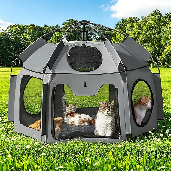 Rywell Cat Tent, Extra Large Outdoor Enclosure & Indoor Playpen, 1s Pop-Up Waterproof&Sun Shelter with Carry Bag & Stakes for Patio, Camping