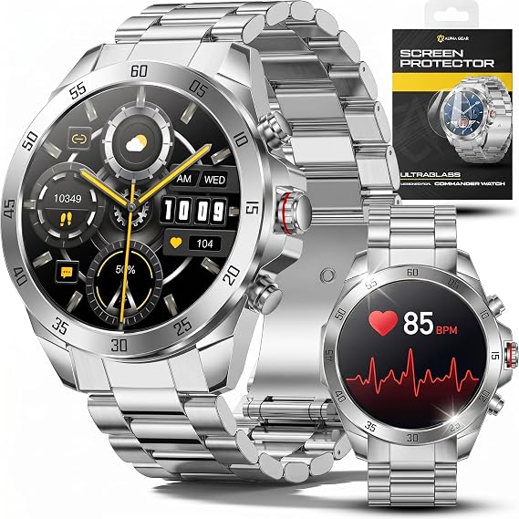 ALPHAGEAR Commander Smartwatch for Men, 1.43" AMOLED Large Screen, Full Metal Stainless Steel Smart Watch, 12-Day Battery, Bluetooth Calling, IP68 Water Resistant, for Android iPhone, Silver