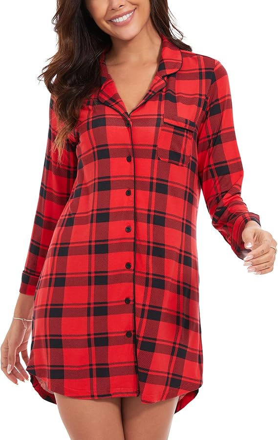 WiWi Soft Cooling Nightgowns for Women Bamboo Viscose Long Sleeve Sleep Shirt Button Down Sleepwear Boyfriend Gown S-XXL