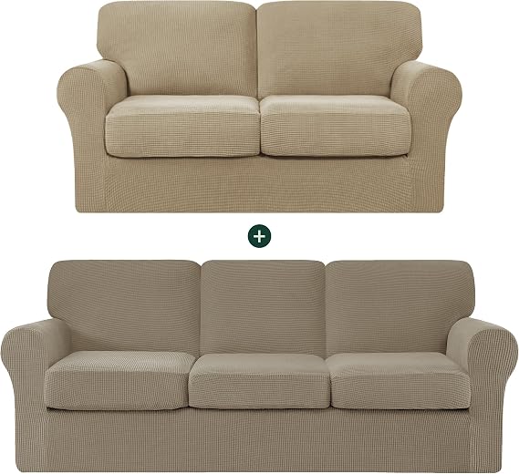 CHUN YI Loveseat Sofa Cover Bundles Large Couch Slipcover with Separate Backrests and Cushions, Checks Spandex Jacquard Fabric(Sand)
