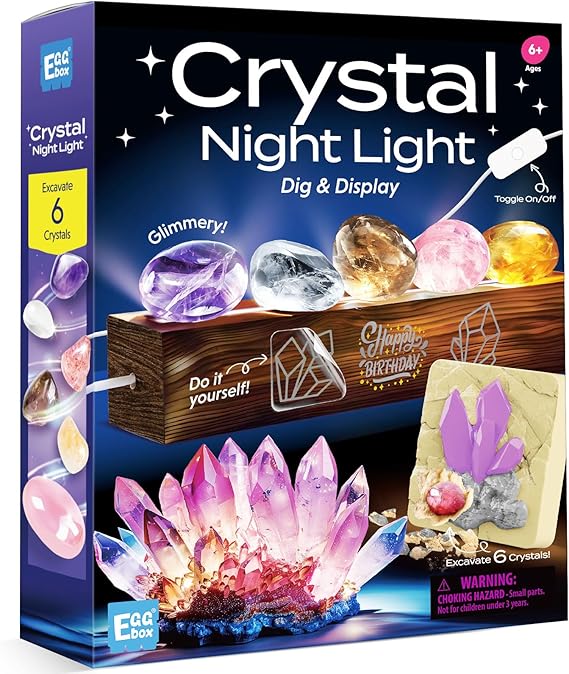 EggBox Gemstone Dig Kit – Dig Up 6 Real Gemstones Age 3+ and Crystals Display with Night Light，DIY Decoration Kit, Science Kits For Kids Age 6-10, Gem Digging Kit, Educational Toys Gift for Girls Boys