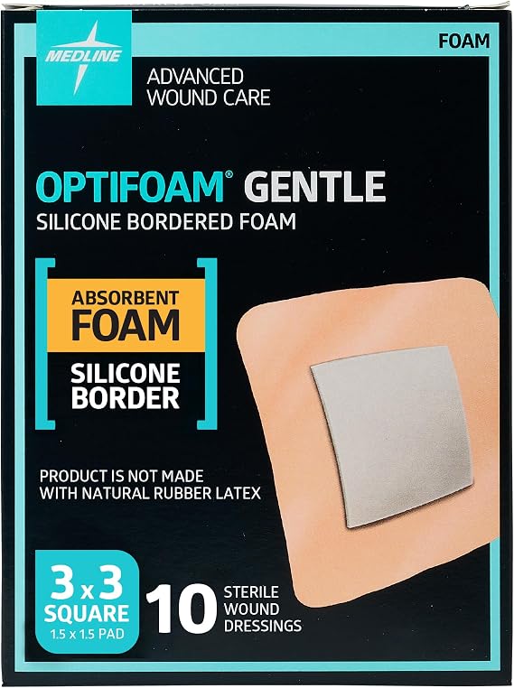 Medline Optifoam Gentle EX Bordered Foam Adhesive Dressing, 3" x 3" Square (10 Count)