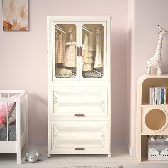 Portable Wardrobe Closet Storage Organizer for Clothes, Collapsible Closet Organizer with Magnetic Transparent Door,4 Cubes & Hanging Rod,10 pcs hangers ,Foldable Baby Wardrobe Storage Cabinet,White