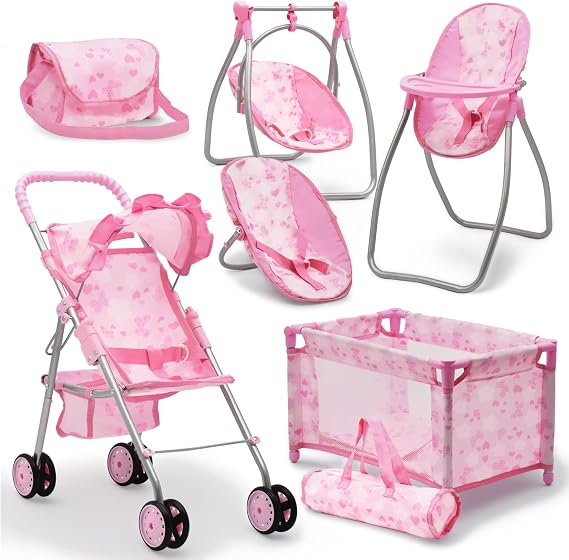Baby Doll Stroller Bed and Swing Nursery Playset, Baby Doll Accessories Furniture Set Convertible High Chair Diaper Bag Role Play Deluxe Baby Doll Set