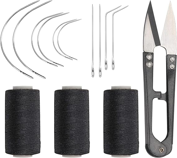 Ryalan Weaving Needle Combo Deal Black Thread, 10pcs Needle with Sewing Scissors for Making Wig Sewing Hair Weft Hair Weave Extension, Big Medium and Small C J Shape Curved Needle I Needle (Black)