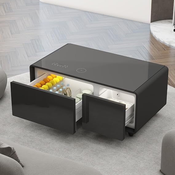 Intelligent Coffee Table with Fridge, Smart Center Table with Wireless Charging Station, Temperature Control, Power Socket, USB Ports, for Living Room, Black, 41" x 23" x 18"