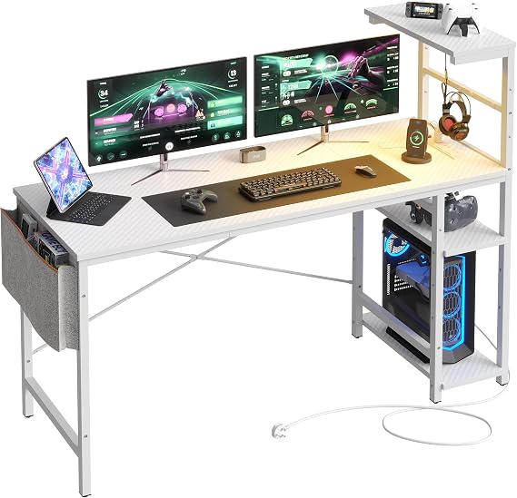 Bestier 155CM Corner Desk with Power Outlets Large Computer Desk with LED Lights Reversible Writing Table with Side Pocket Storage Bag & Accessories Hanger for Home Office