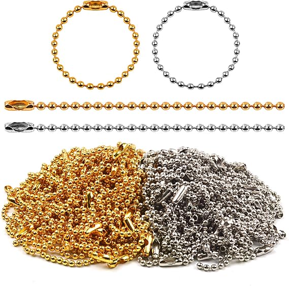 Jdesun 200 Pieces 100mm Long Bead Connector Clasp 2.4 mm Diameter Ball Chains Keychain Tag Key Rings, Silver and Gold