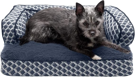 Furhaven Comfy Couch Plush & Decor Sofa-Style Memory Foam Dog Bed - Diamond Blue, Small