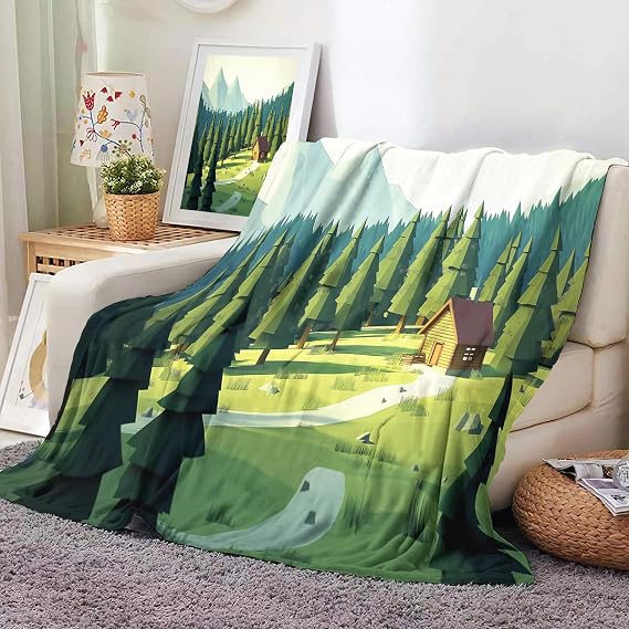 Fleece Throws For Sofa Bed Chair, Soft Thick Pine Trees Hut Fluffy Blanket, Cartoon Landscape Decorative Ultra Plush Lightweight Throw Blanket, Queen Blanket For Couch