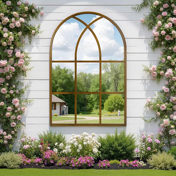 Reflix Arched Window Mirror, 60x90 cm Wall Mirrors for Decor Garden Outdoor, Distressed Gothic Arch Mirror with Aluminum Frame for Hallway,Living Room,Bedroom, Entryway, Bronze