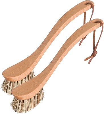 REDECKER Curved Dish Brush, Natural Union Plant Fiber Bristles, Ergonomic Design with Oiled Beechwood Handle, 9-14 Inches, Set of 2, Made in Germany - Natural Bristle Dish Brush
