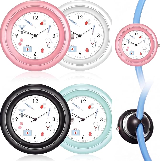Janmercy 4 Pcs Stethoscope Watch Clip on Pocket Watch for Nurses CNA with Medical Symbols Stethoscope Clock with Second Hand Gifts for Nursing Doctor Students Clinic Staff