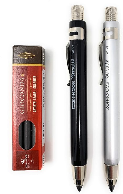 KOH-I-NOOR 5359 Metal Mechanical Pencils with Lead Sharpener and Clip 5.6 mm Lead Thickness Silver and Black and GRAPHITMINES 2B [Pack of 3]