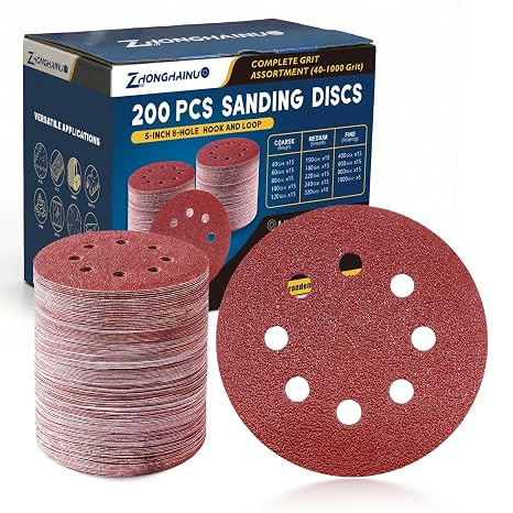 200Pcs 5 Inch Sanding Discs Hook and Loop Orbital Sander Pads 40-1000 Grit | Wet dry use, aluminum oxide abrasive, 8-hole dust extraction, clog resistant, wood metal plastic polishing