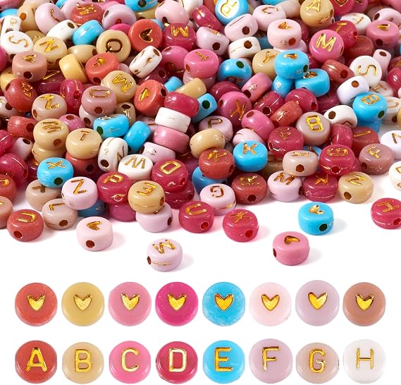 700pcs Acrylic Letter Beads 7mm Flat Round Disc Coin Alphabet Beads Heart Pony Beads for Friendship Bracelet Necklace Jewelry Making, Golden