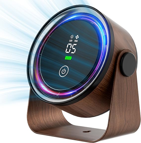 Small Desk Fan 5000mAh Rechargeable Battery Powered- Retro Low Noise Quiet Portable Gentle Blowing with LED Night Light Office Bedroom Table Top Wall Hanging Kitchen Camping Dorm 5-Speed 360 Rotation