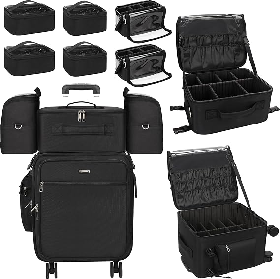 Rolling Makeup Case Professional Makeup Train Case for Makeup Artist | Rolling Makeup Kit Bag Travel Bag with Wheels, 4-in-1 Portable Travel Beauty Trolley Case for Cosmetology Storage(Black)