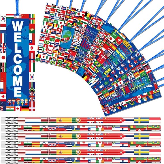 Supervitae 90 Pcs/ 30 Sets International World Flags Party Favor Include 30 World Flag Pencil 60 Flags of Nations Bookmark Around The Globe Party Favors Travel Trip School Sports Event Festival Decor