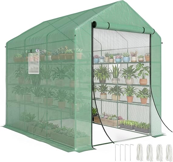 Outsunny 8' x 6' x 7' Walk-in Greenhouse, PE Cover, 4-Tier Shelves, Steel Frame Hot House, Roll-Up Zipper Door for Flowers, Vegetables, Saplings, Tropical Plants, Green