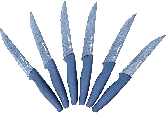Granitestone Steak Knife Set of 6-Serrated Steak Knives-Dishwasher Safe Steak Knives-Stainless Steel Steak Knives Set-Dinner Knives, Blue