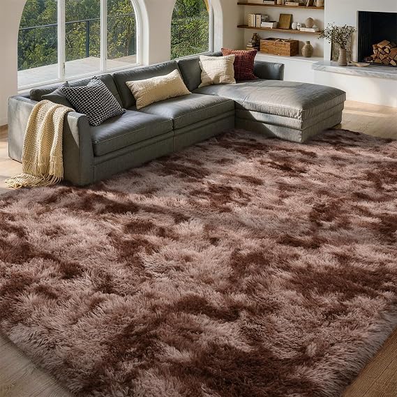 FinRec Home 8x10 Non-Slip Fluffy Area Rugs for Living Room (Brown) | Easy to Clean,Rugs For Bedroom,High Pile Plush Furry Floor Carpet,High Quality,Large Area Rug,Rug for Kids Room Home Decor