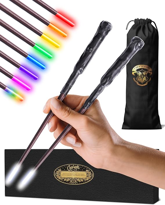 Wand Chopsticks with Light-Up LED Tips, Reusable Chopstick 12 Color Modes, Magic Wand Design, Cool Chopsticks for Adults, Cosplay Wizard Chopstick, Soft Logo Pouch and Gift Box