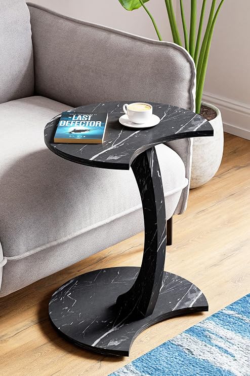 InterGo Jet Wheeled C Coffee Table Sofa Stand Side Table Nail Table Coffee Table Service Coffee Table (Black Marble)