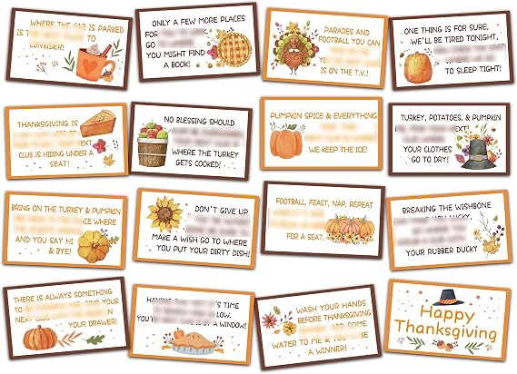 Fall Thanksgiving Scavenger Treasure Hunt Clues Games for Friends, Pumpkin Riddle Clue Cards, Thanksgiving Party Game, Indoor Outdoor Families Autumn Activity (16 Cards with Envelopes)